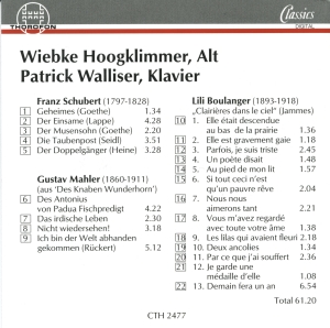 Tracks CD Lili Boulanger "Clairières dans le ciel" Wiebke Hoogklimmer, Alt - Patrick Walliser, Klavier